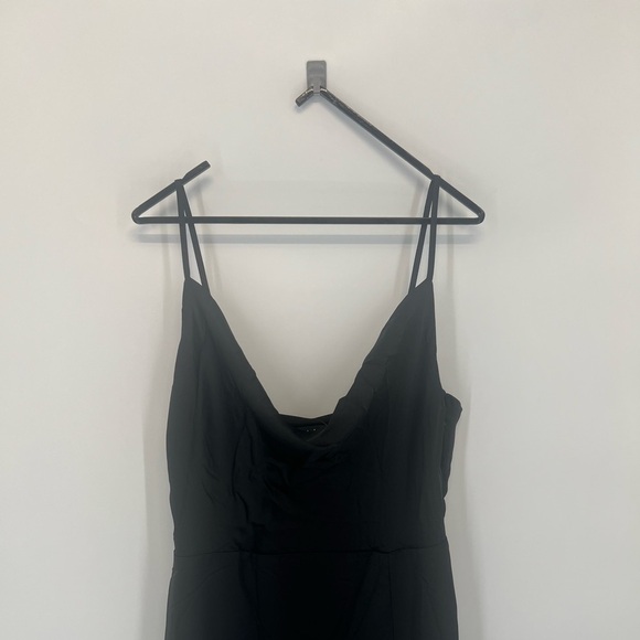 Lulus Satin Cowl Neck Front High Slit Strappy Romantic Maxi Dress In Black - Picture 6 of 10